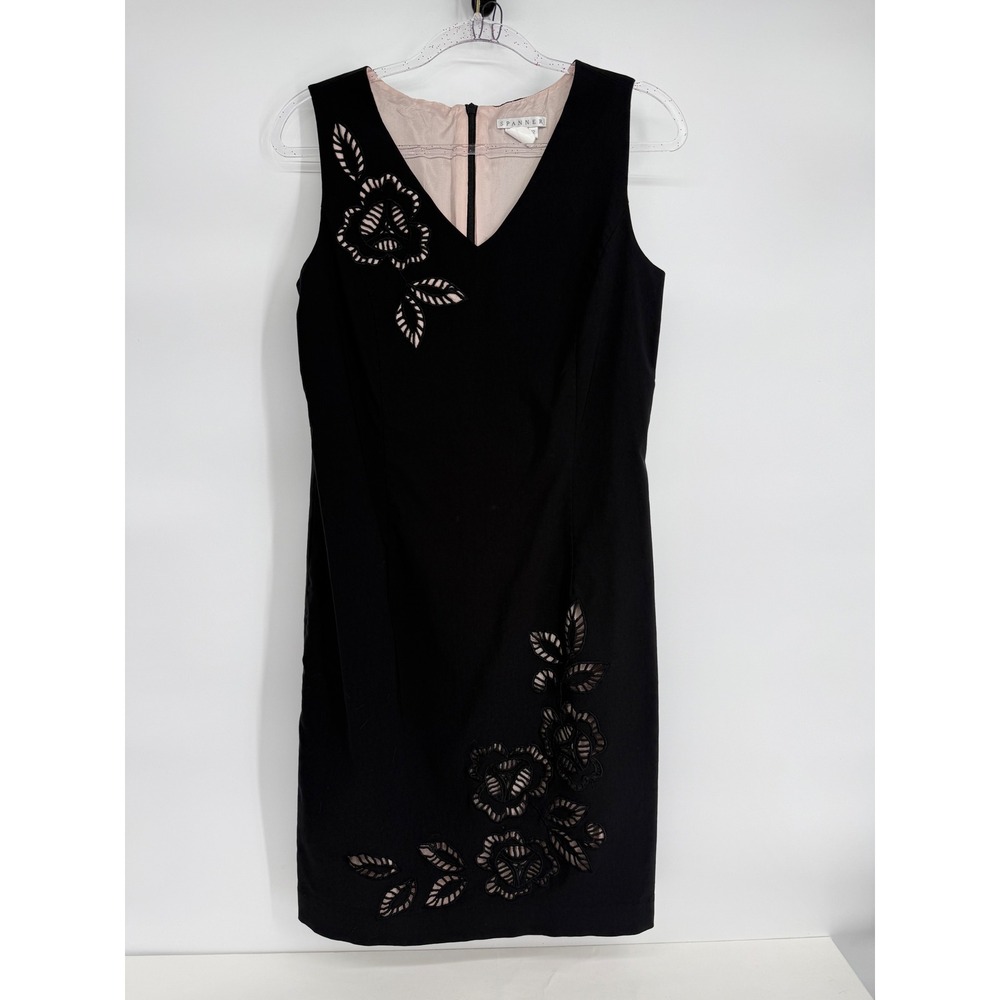 VTG Spanner Womens Black Floral Laser Cut V-Neck Sleeveless Sheath Dress Size 12